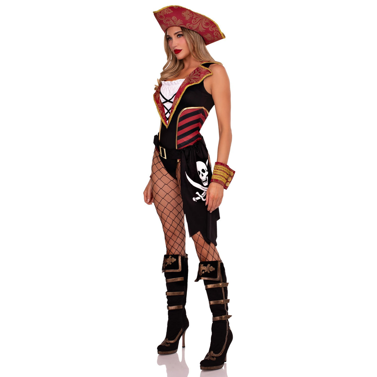 Side view of black and red pirate bodysuit costume with pirate hat - Golddiggers Boutique