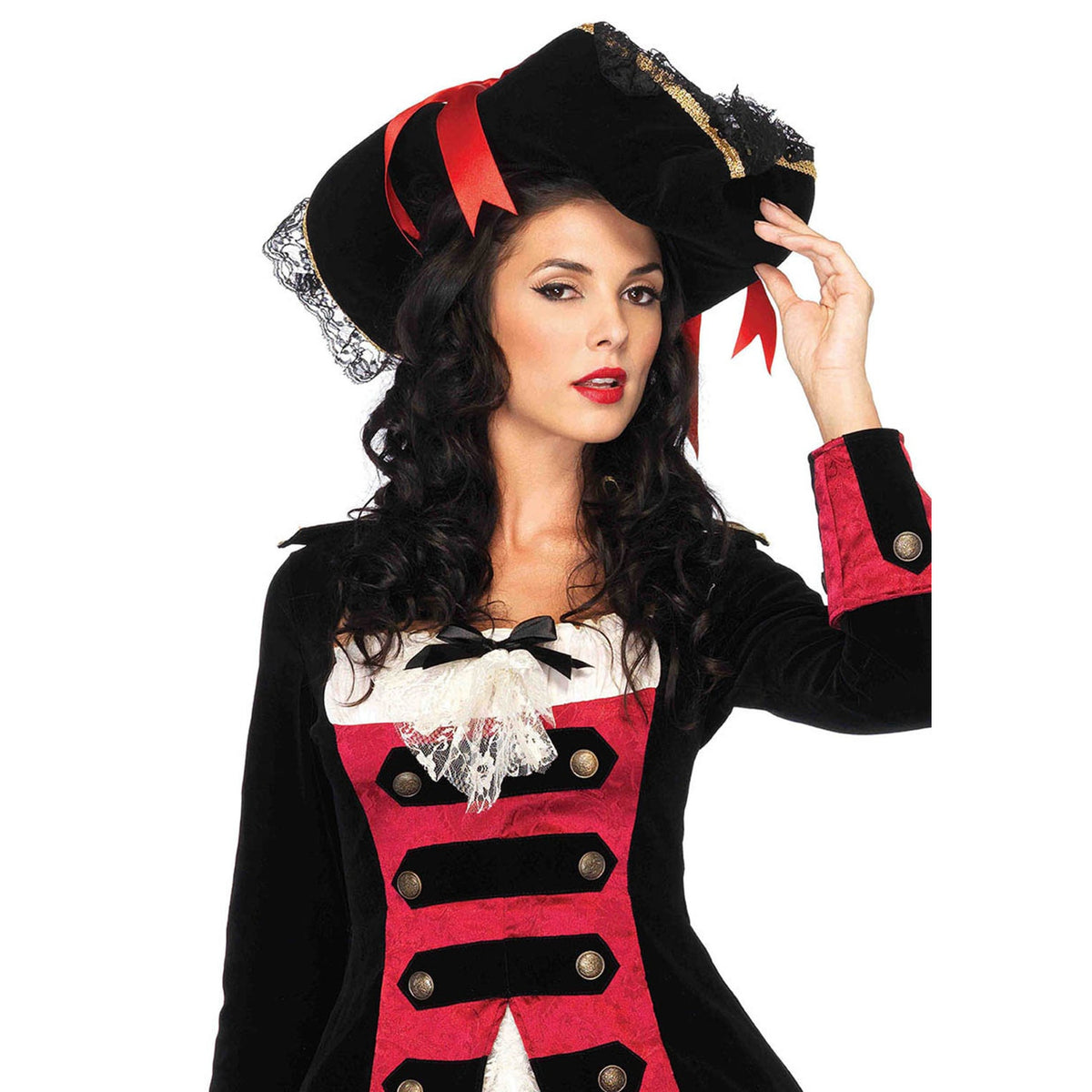 Close-up front view of black & red pirate hat with lace trim and satin bows - Golddiggers Boutique