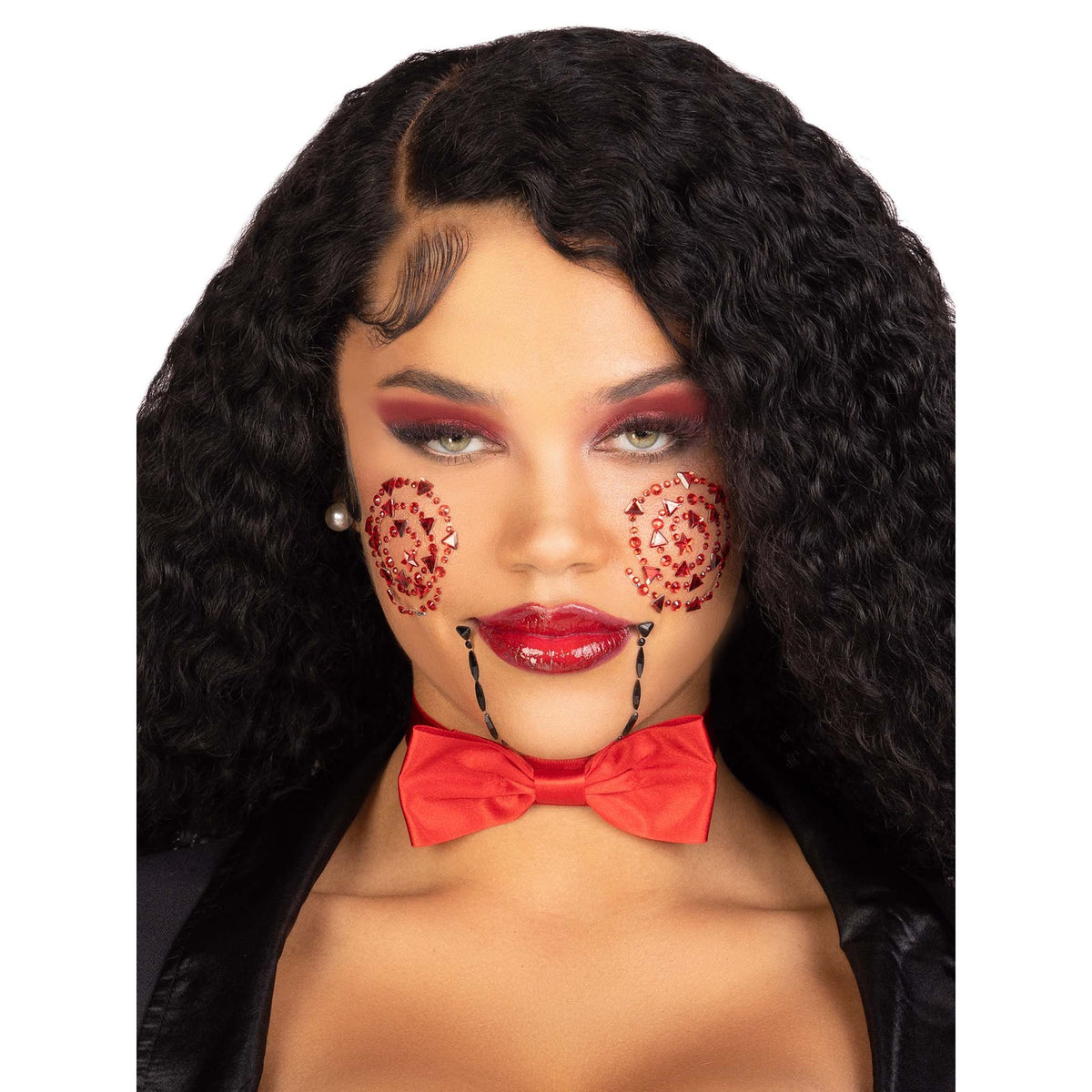 Detail view of black and red puppet face jewels - Golddiggers Boutique