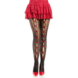 Front view of black & red striped net tights with keyholes and mini bows - Golddiggers Boutique