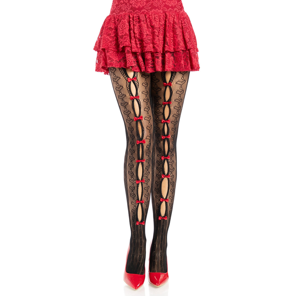 Front view of black & red striped net tights with keyholes and mini bows - Golddiggers Boutique