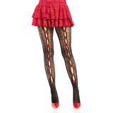 Front view of black & red striped net tights with keyholes and mini bows - Golddiggers Boutique