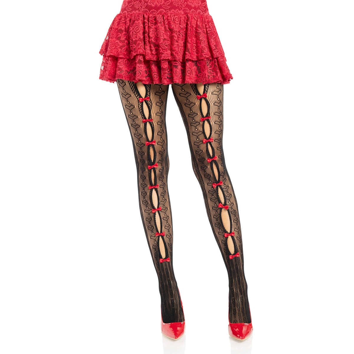 Front view of black & red striped net tights with keyholes and mini bows - Golddiggers Boutique