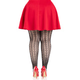 Back view of black & red striped net tights with keyholes and mini bows in plus size - Golddiggers Boutique