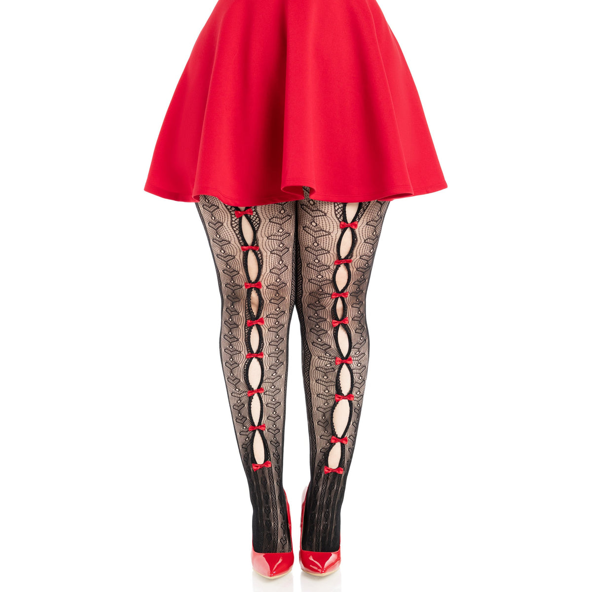 Front view of black & red striped net tights with keyholes and mini bows in plus size - Golddiggers Boutique