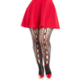 Front view of black & red striped net tights with keyholes and mini bows in plus size - Golddiggers Boutique