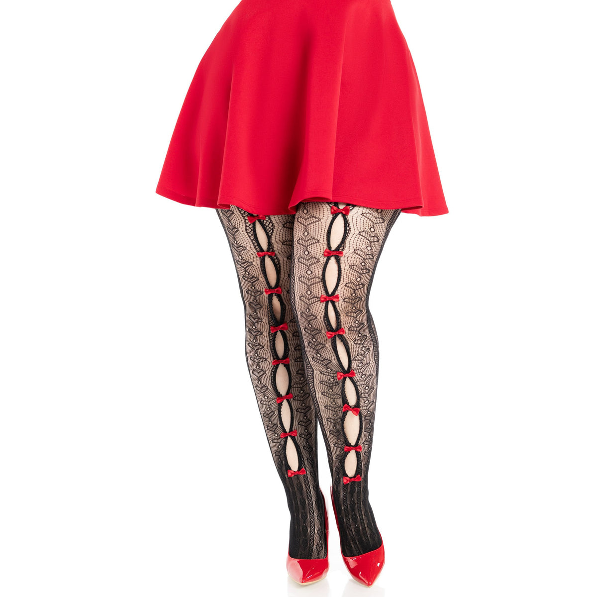 Front view of black & red striped net tights with keyholes and mini bows in plus size - Golddiggers Boutique