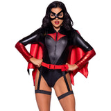 Close front view of black and red superhero costume bodysuit with cape and eye mask - Golddiggers Boutique
