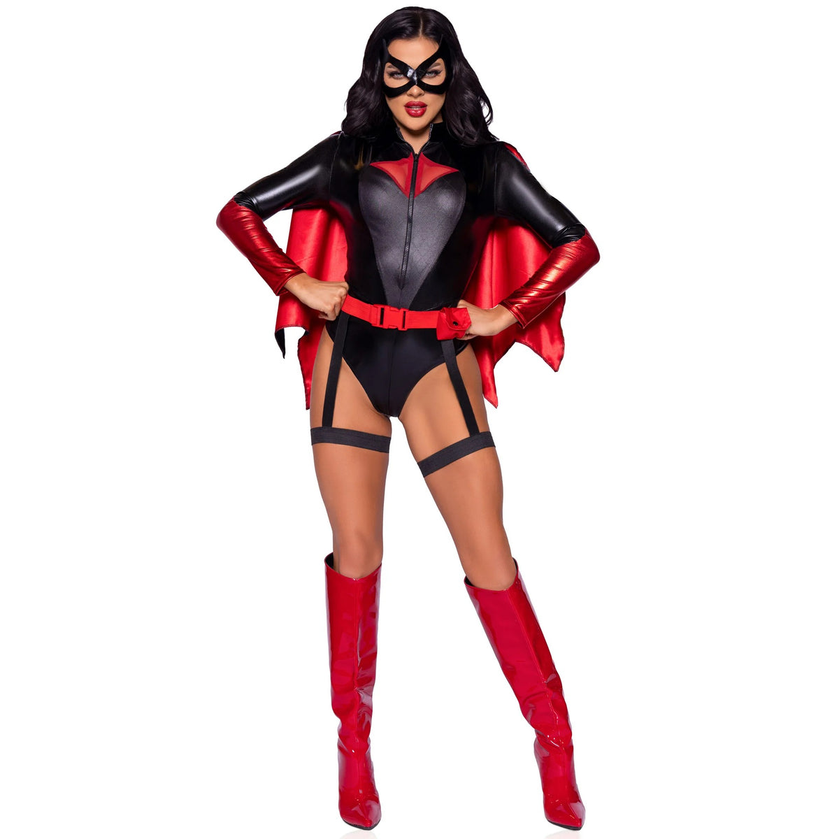 Front view of black and red superhero costume bodysuit with cape and eye mask - Golddiggers Boutique