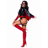 Side view of black and red superhero costume bodysuit with cape and eye mask - Golddiggers Boutique