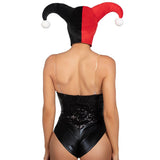 Detail view of black and red velvet harlequin bonnet - Golddiggers Boutique
