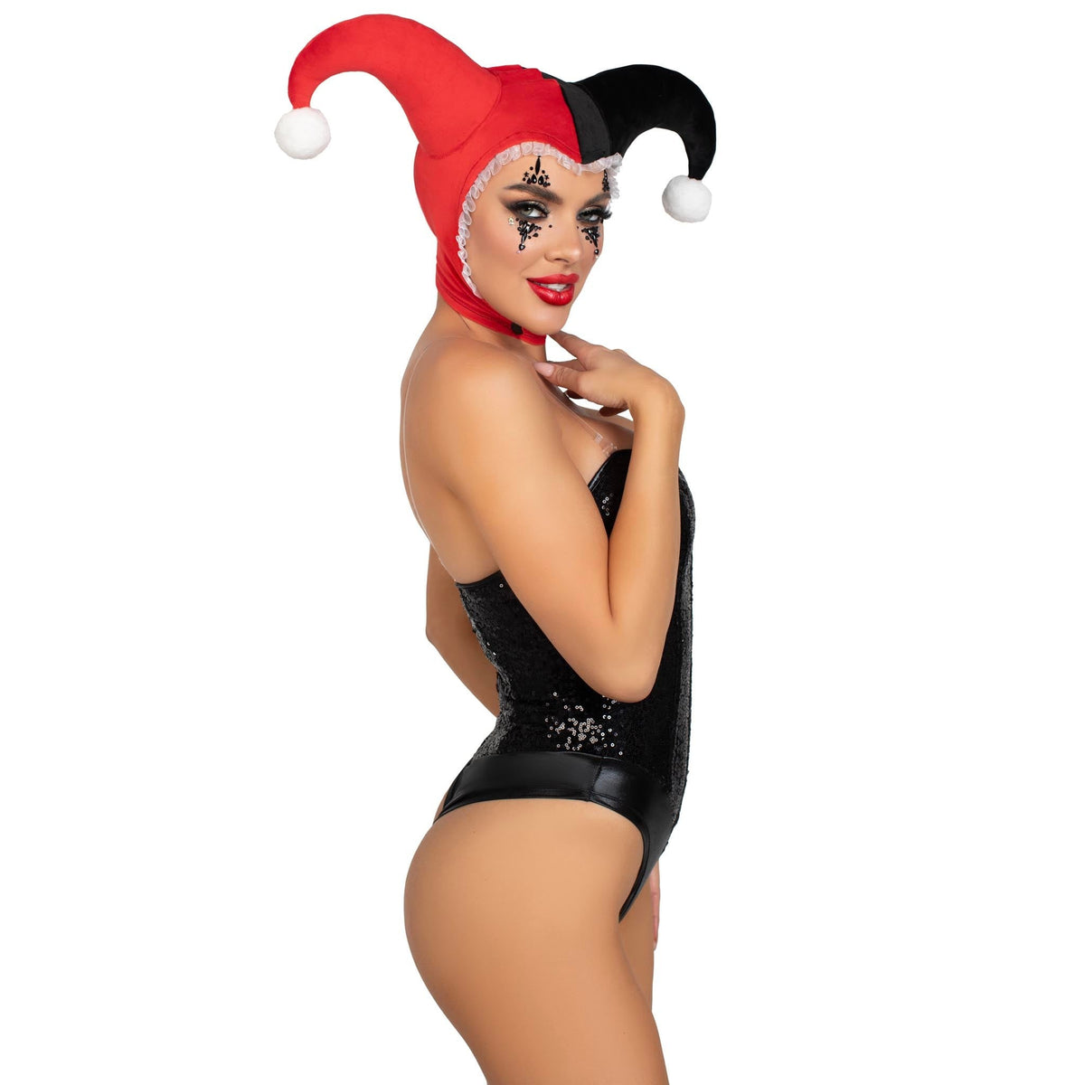 Detail view of black and red velvet harlequin bonnet - Golddiggers Boutique