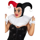 Detail view of black and red velvet harlequin bonnet - Golddiggers Boutique