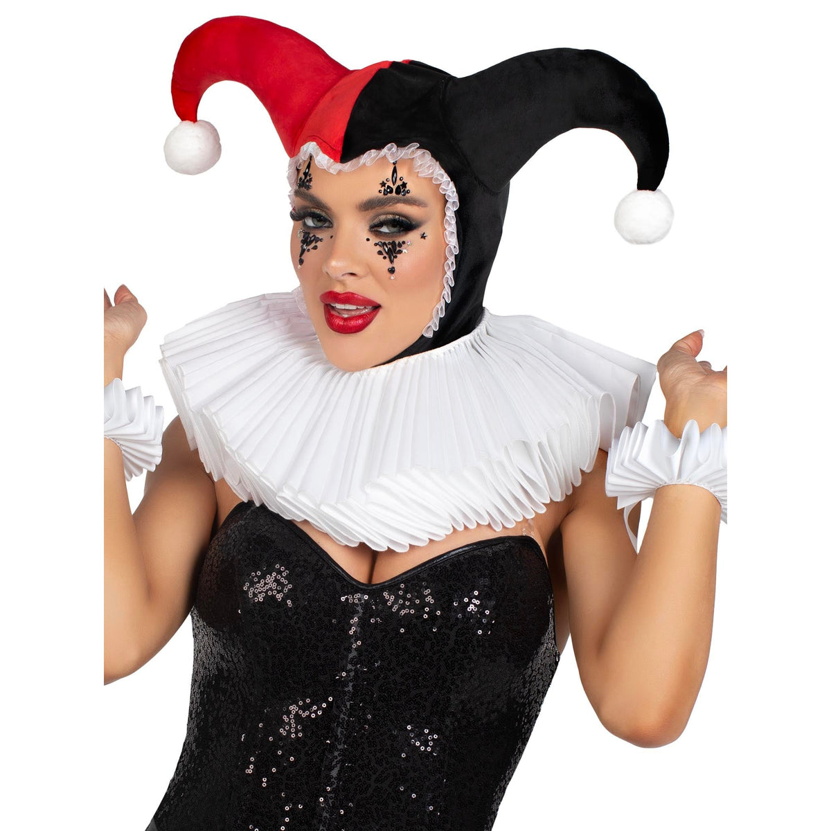 Detail view of black and red velvet harlequin bonnet - Golddiggers Boutique