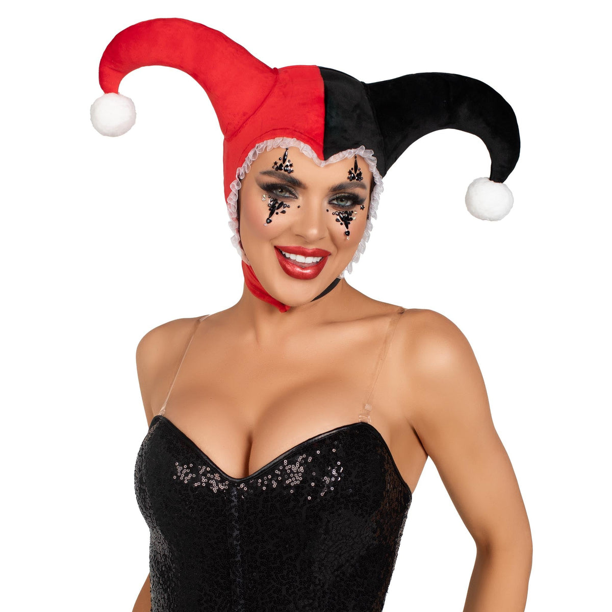 Close front view of black and red velvet harlequin bonnet - Golddiggers Boutique