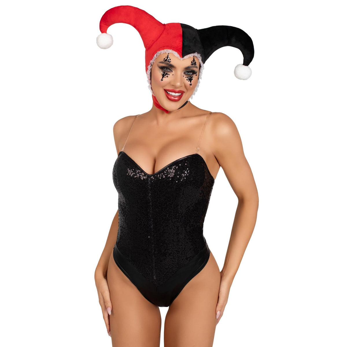 Front view of black and red velvet harlequin bonnet - Golddiggers Boutique
