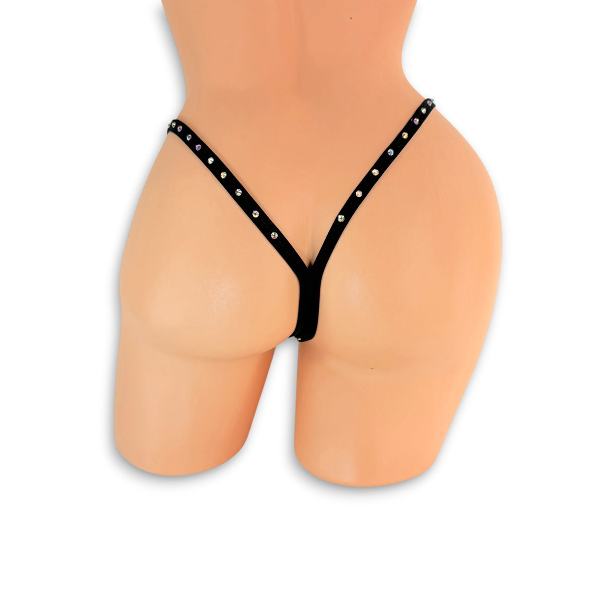 Black rhinestone breakaway g-string on mannequin, back view - Golddiggers Boutique