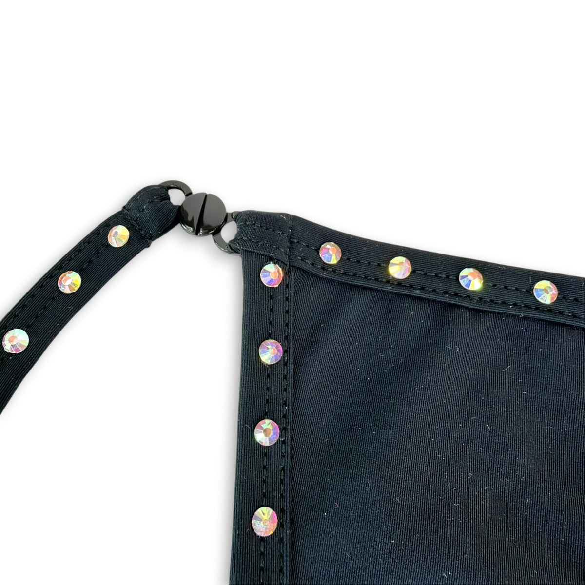 Detail of AB rhinestones and black breakaway clasp on g-string - Golddiggers Boutique