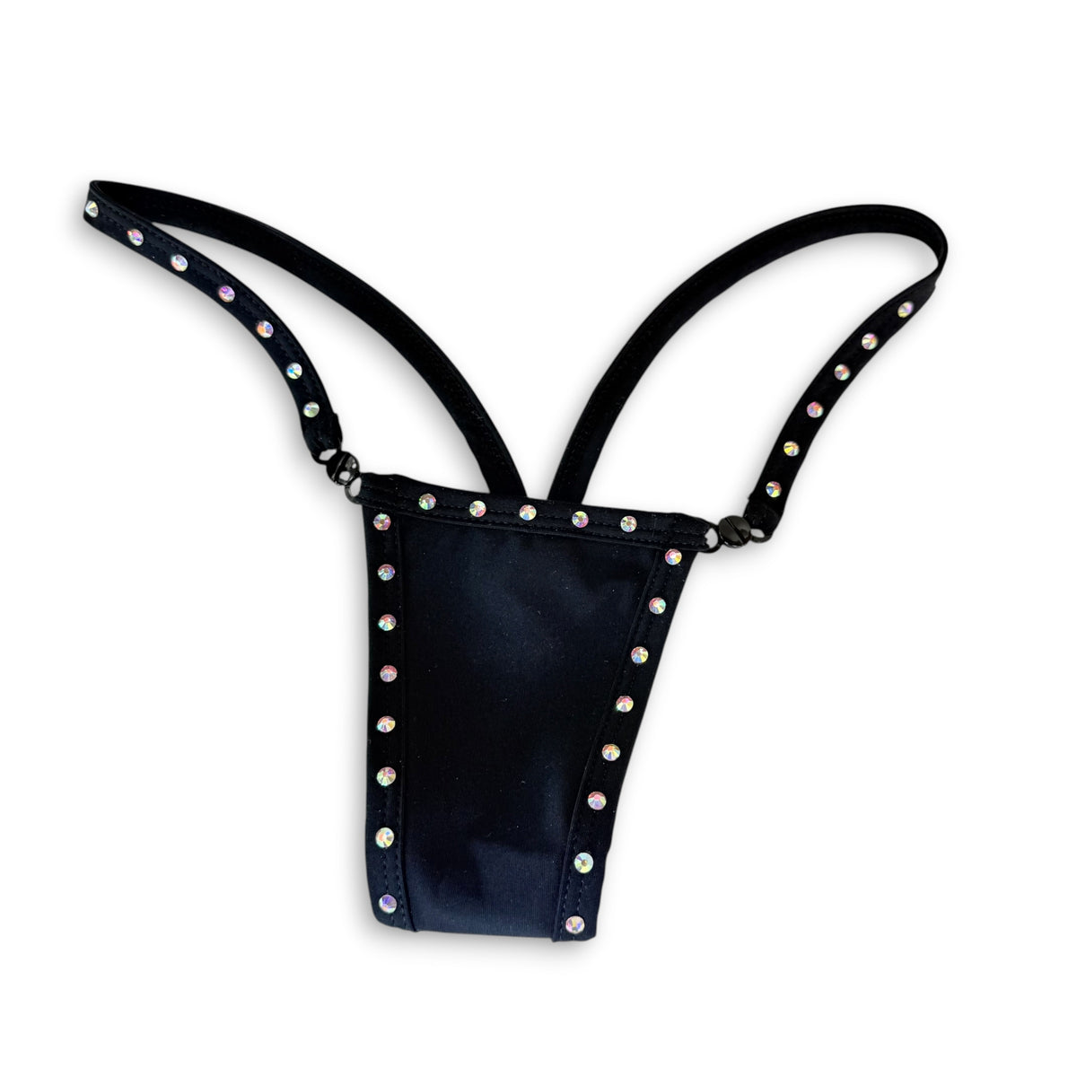 Black rhinestone breakaway g-string, angled flat lay - Golddiggers Boutique