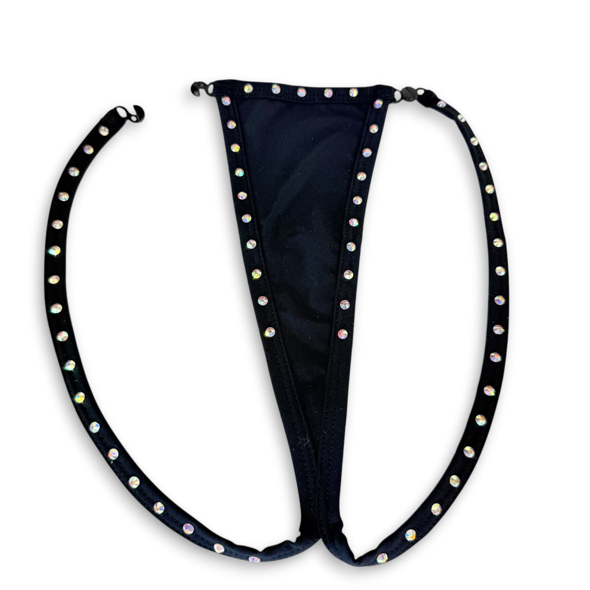 Black rhinestone breakaway g-string with one side unclipped, flat lay - Golddiggers Boutique