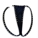 Black rhinestone breakaway g-string with one side unclipped, flat lay - Golddiggers Boutique