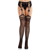 Front view of black rhinestone fishnet garter belt stockings with satin bows - Golddiggers Boutique