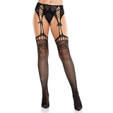 Front view of black rhinestone fishnet garter belt stockings with satin bows - Golddiggers Boutique