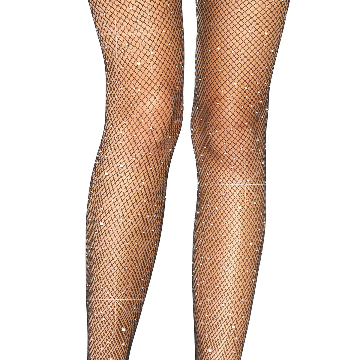 Close-up front view of black rhinestone fishnet suspender tights - Golddiggers Boutique