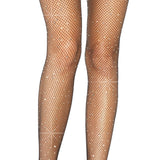 Close-up front view of black rhinestone fishnet suspender tights - Golddiggers Boutique