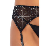 Close-up side view of black rhinestone mesh garter belt - Golddiggers Boutique