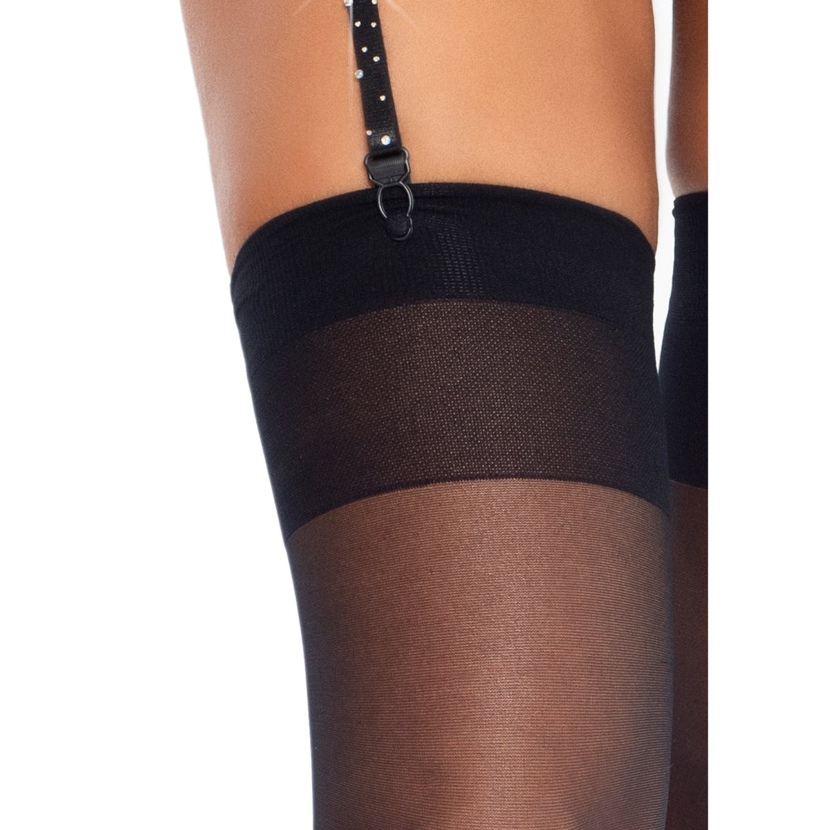 Detail view of black rhinestone mesh garter belt - Golddiggers Boutique