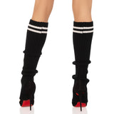 Close-up back view of black ribbed stirrup leg warmers with athletic stripes - Golddiggers Boutique
