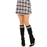 Front view of black ribbed stirrup leg warmers with athletic stripes - Golddiggers Boutique