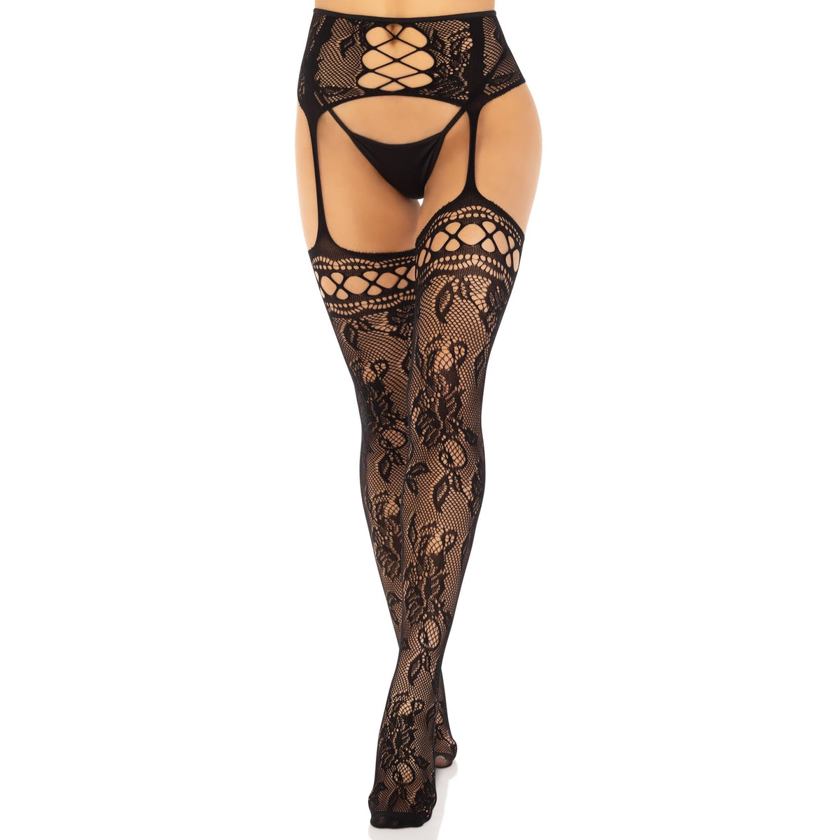 Front view of black rose lace backseam stockings with attached garter belt - Golddiggers Boutique