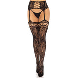 Front view of black rose lace backseam stockings with attached garter belt - Golddiggers Boutique