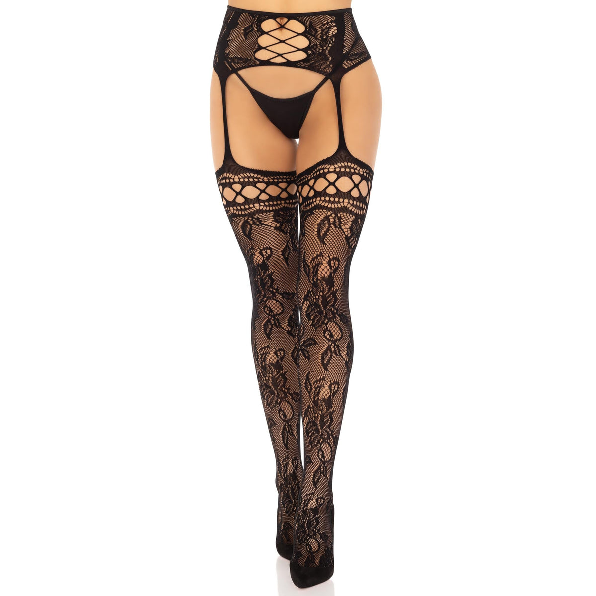Front view of black rose lace backseam stockings with attached garter belt - Golddiggers Boutique
