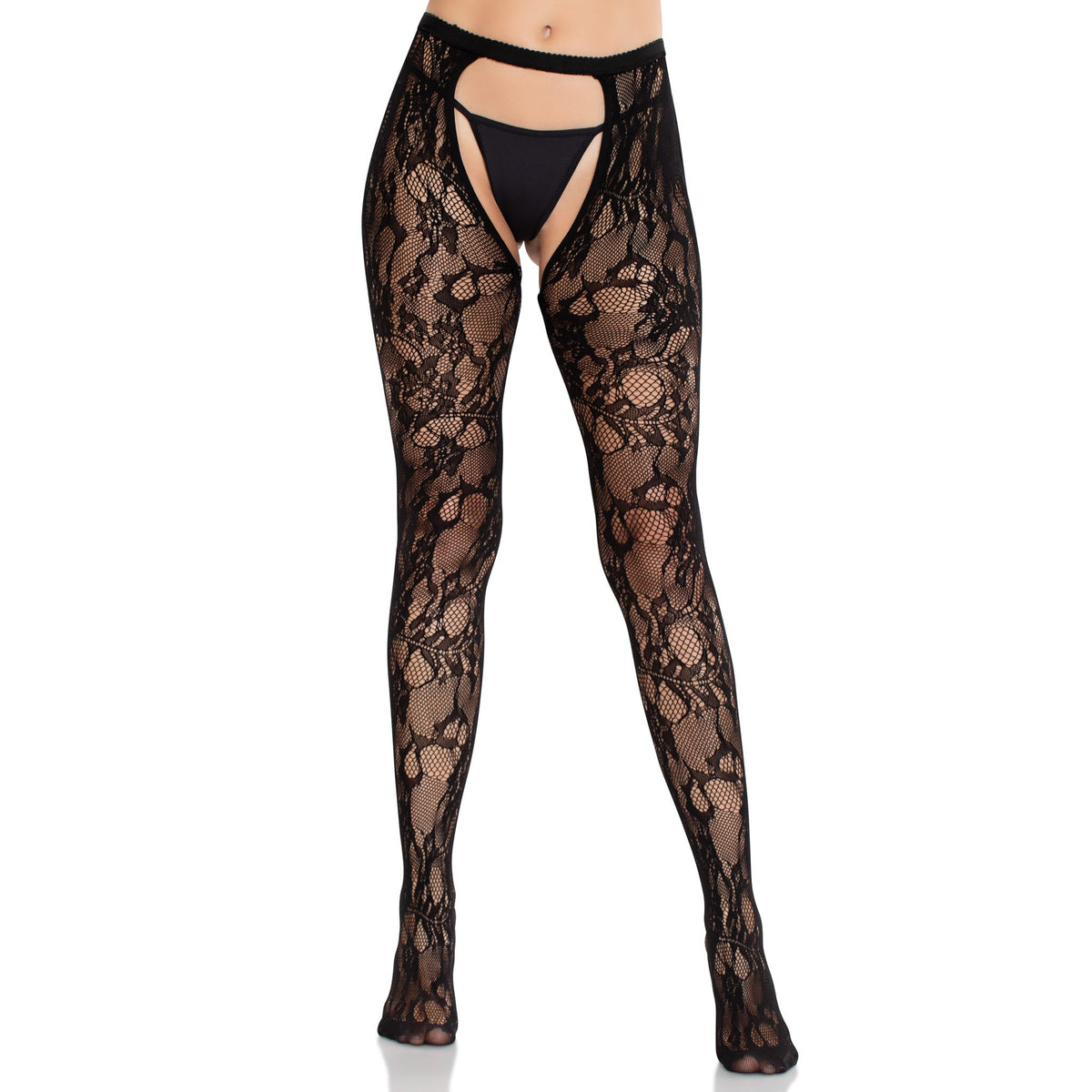 Front view of black rose lace crotchless tights with open back - Golddiggers Boutique