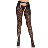 Front view of black rose lace crotchless tights with open back - Golddiggers Boutique