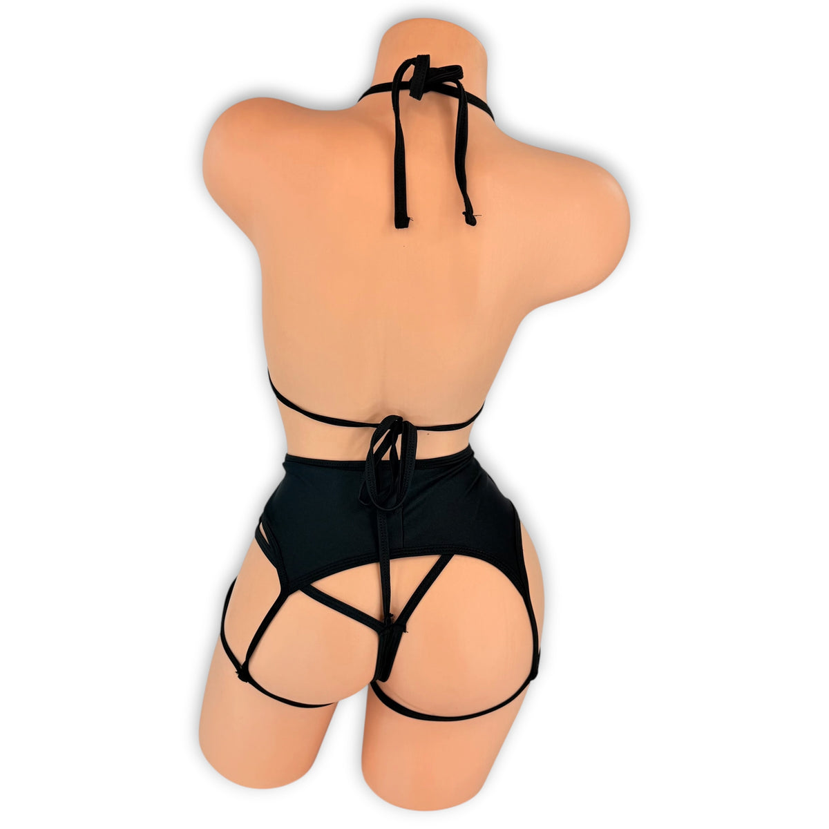 Black Sandra garter set back view showing neck and back ties, garter straps and thong back