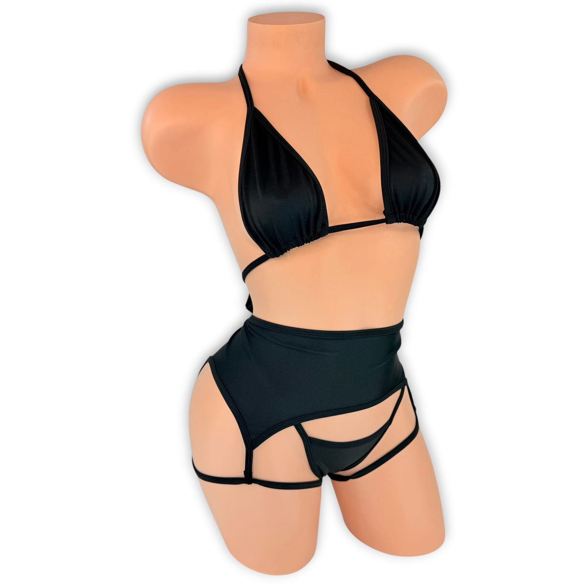Black Sandra triangle top, high waisted garter belt and thong set, front view on mannequin