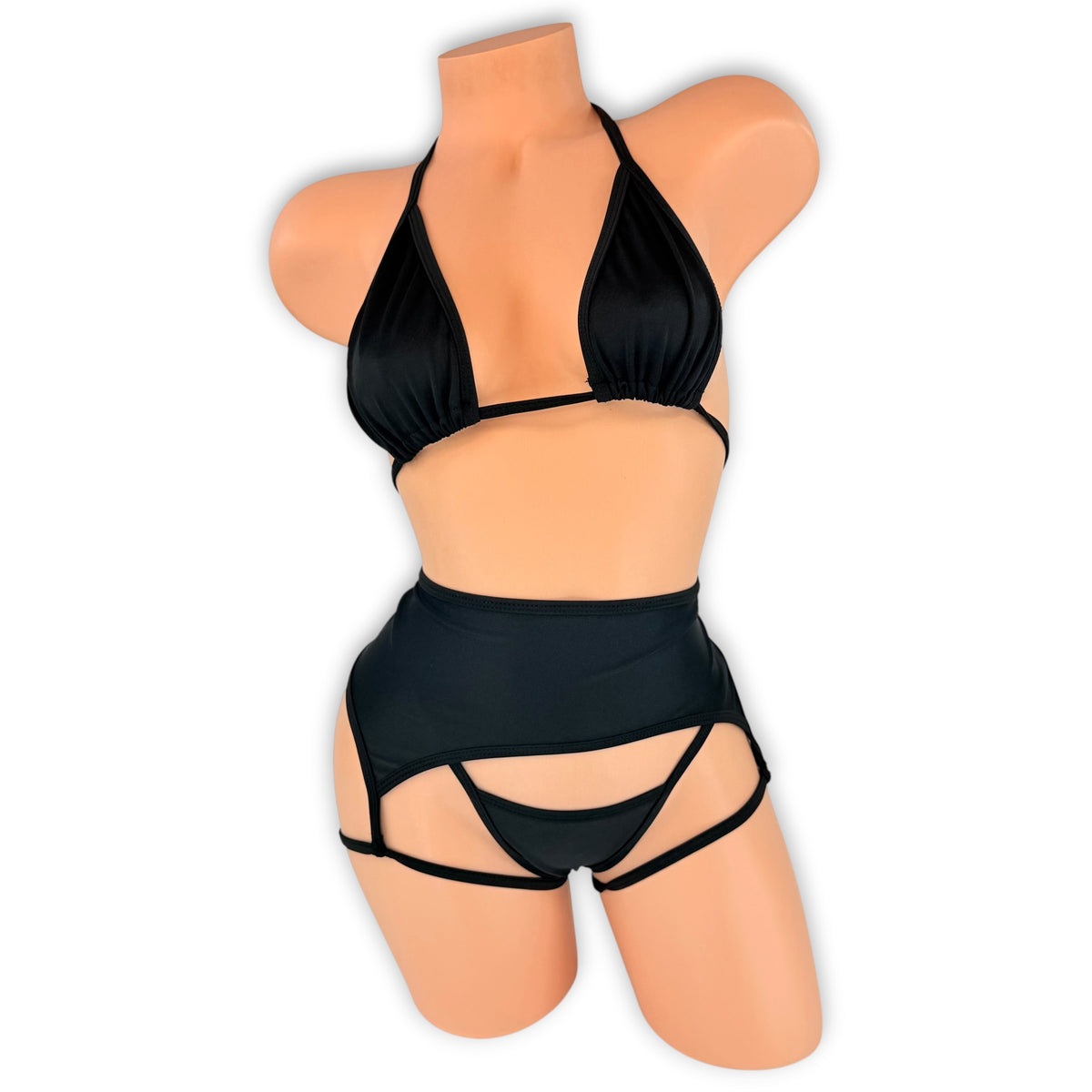 Black Sandra garter set side view with high waisted garter belt and thigh straps