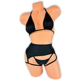 Black Sandra garter set side view with high waisted garter belt and thigh straps