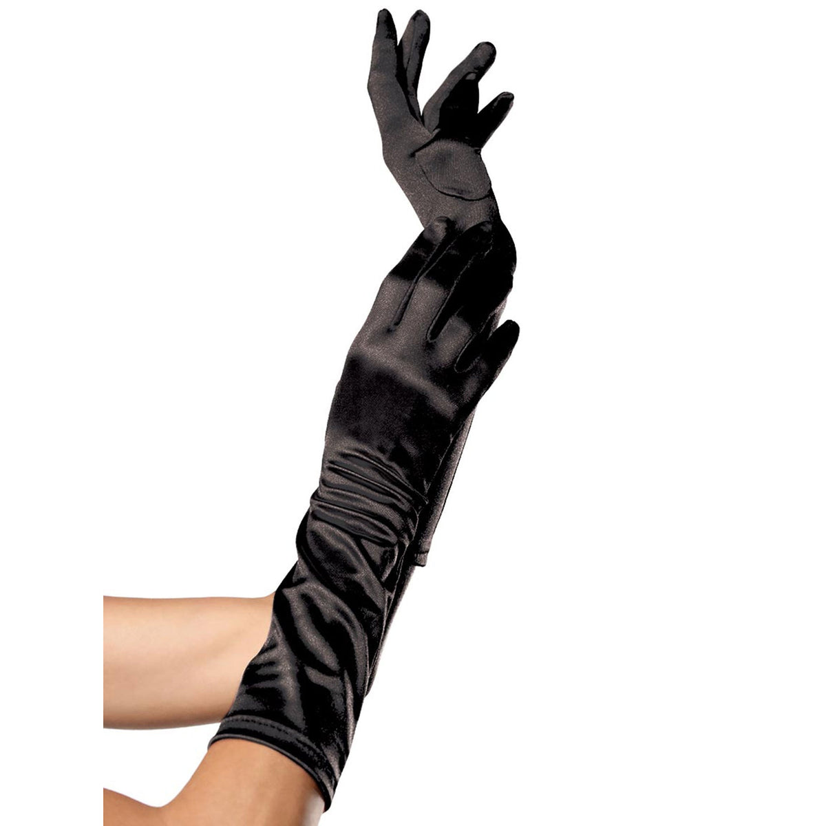 Close-up front view of black satin elbow length gloves - Golddiggers Boutique