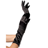 Close-up front view of black satin elbow length gloves - Golddiggers Boutique