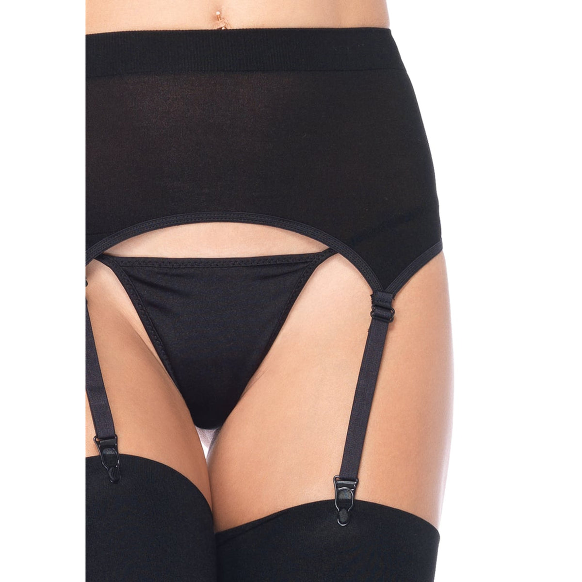 Close-up front view of black sheer garter belt and stockings set - Golddiggers Boutique