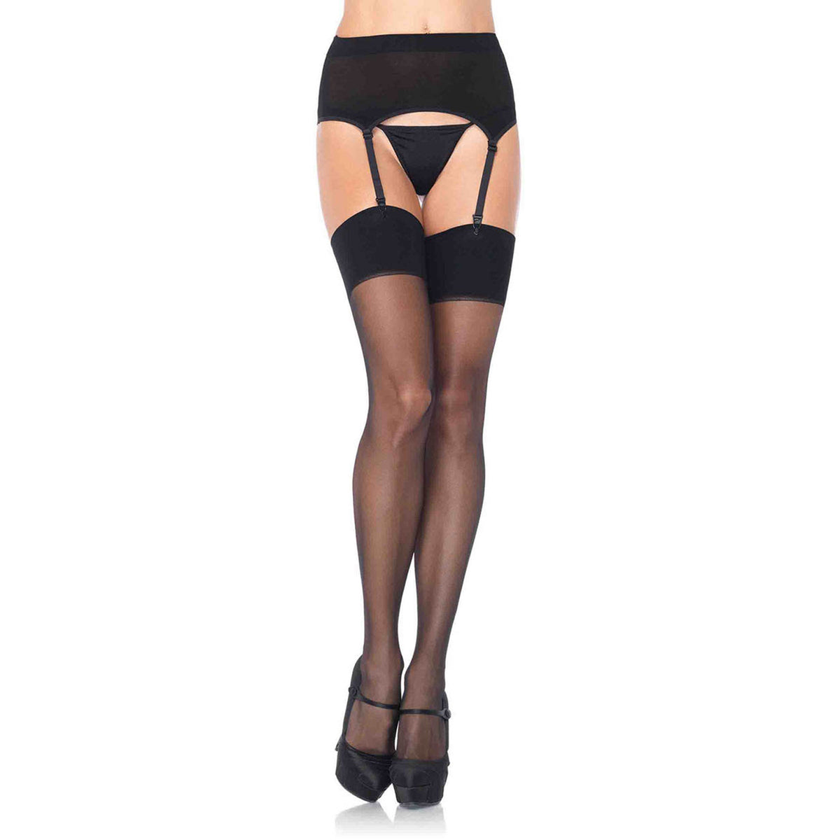 Front view of black sheer garter belt and stockings set - Golddiggers Boutique