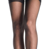 Close-up front view of black sheer lace top stockings with attached lace garter belt in plus size - Golddiggers Boutique