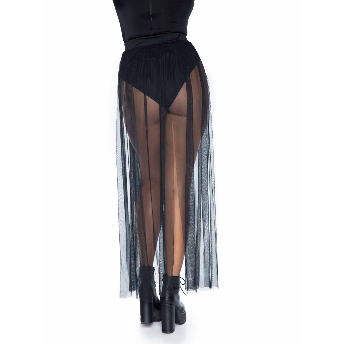 Close-up back view of black sheer multi-slit maxi skirt - Golddiggers Boutique