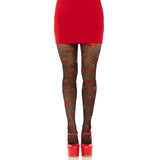 Front view of black sheer polka dot cherry tights - Golddiggers Boutique