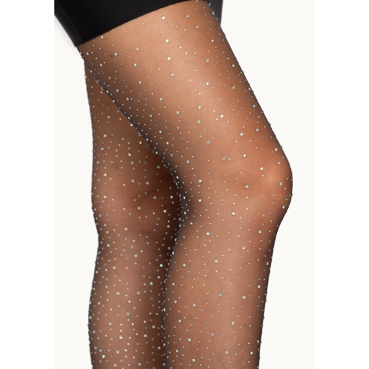 Close-up side view of black sheer rhinestone tights - Golddiggers Boutique